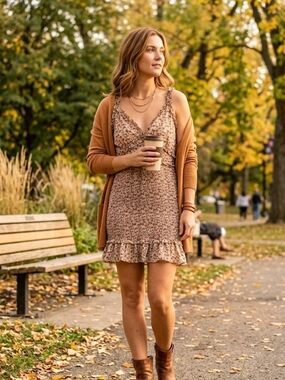 Storia Taupe Floral Smocked Ruffle Mini Dress